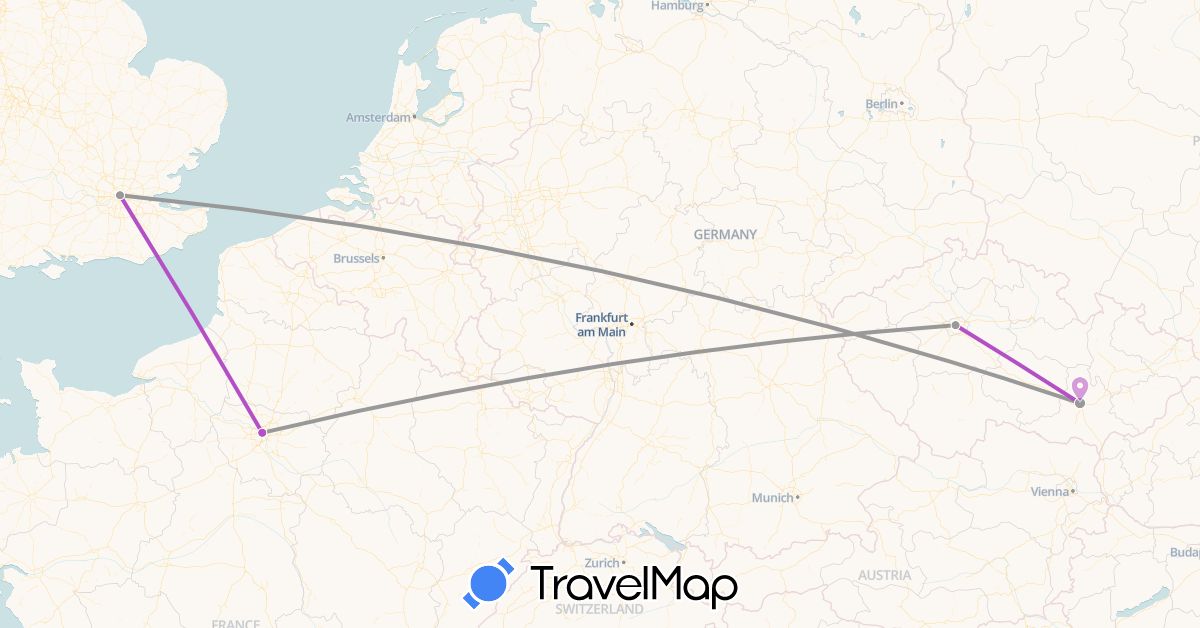 TravelMap itinerary: driving, plane, train in Czech Republic, France, United Kingdom (Europe)
